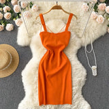 Knit Solid Women Summer Dress 2022 Slim Vacation Elegant Temperament Chic Backless Ladies A Line Midi