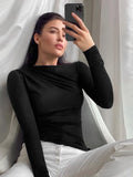 Sleeve Top White T-Shirts Women Basic Crop Top Autumn Pollover Solid Skew Neck T Shirt Streetwear Basic Black Y2K Tees-Outfit