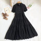 VAREY LIN New Summer Women Casual High Waist Single Breasted Vintage Dress Sweet Turn-down Collar Hollow Out Embroidery