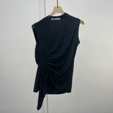 Casual White T Shirt For Women O Neck Sleeveless Ruched Irregular Slim T Shirts Females Summer Fashion 2021