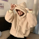 QWEEK Kawaii Bear Ears Hoodie Women Autumn Winter Zip Up Fleece Cute Top Korean Style 2021 Soft Girl Cotton Long Sleeve