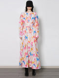 Print Floral Dress For Women Stand Collar Long Sleeve High Waist Colorblock Midi Dresses Female Fashion Clothes