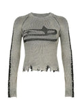 Patchwork Print Long Sleeve Jumpers Ripped Vintage Sweater for Women Autumn Winter Basic Pullovers Street Style-Outfit