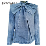 Patchwork Bow Denim Women's Jacket Stand Collar Long Sleeve Vintage Ruched Jackets For Female 2022 Fashion