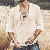 Halloween Costume Hippie Linen Shirt Casual Middle Sleeve V Neck Summer Loose Tee Tops Solid Color T Shirts 2021