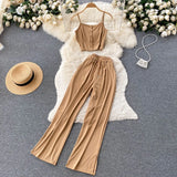 Split Women Set Casual Solid Summer 2022 Fashion Strap Camisole Elastic Waist Drawstring Wide Leg Pants Two Piece