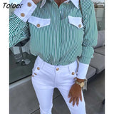 Office Lady Shirt Fashion Stripe Print Button Fake Pockets Blouses Women Elegant Tops 2023 Women's Clothing