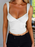 Women Solid Ruched Camisoles Deep V-neck Sleeveless Tie-Up Backless Tank Tops Summer Party Mini Vest Streetwear 2024-Outfit