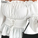 Women Tops Fashion Off Shoulder Ruffle Women T-Shirts Solid Color Long Sleeve Summer Blouse For