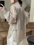 TWOTWINSTYLE Loose Two Piece Set Womens Square Collar Sleeveless Tank Tops Lapel Long Sleeve Blouses Solid Sets Females