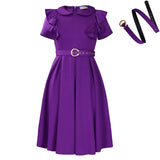 Women's Short-Sleeved Doll Collar Solid Color Short-Sleeved Lotus Leaf Side High-Waisted