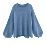Blue Big Size Knitting Sweater Round Neck Long Lantern Sleeve Women Pullovers New Fashion Tide Autumn Winter 2022