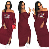 Sexy Slash Neck Ladies Solid Color Letter Printing Long Dress Home Casual Street Loose Large Size