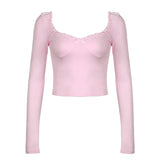 Temperament Lazy Feeling Ins Trend Small Bow Spliced V-Collar Bare Back Solid Color Long-Sleeved T-Shirt 2024 Style-Outfit