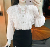 Fashion Elegant Women's Lace Shirt Vintage Crochet Ruffles Woman Blouses Sweet Chiffon Long Sleeve Ladies Tops