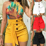Women Shorts High Waist Buttons Sashes Elegant Summer Zip-Up Skinny Shorts Solid Plus Size Pockets Summer Casual
