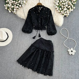 Temperament V-Neck Hollow Embroidered Lantern Sleeve Short Shirt Women Two Sets Hit High Waist Thin Word Half