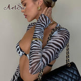 Zebra Print Mesh See Through Long Sleeve Cropped Tops Summer 2021 Women Tees Slim Sexy T-Shirts