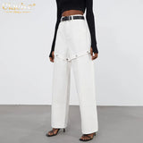 Fashion White Denim Pants Women Elegant High Waist Straight Jeans Female Streetwear Casual Chic Spliced Trousers New