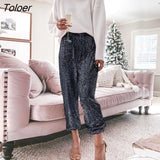 High Waist Sequin Long Pants Korean Autumn Winter Loose Leisure Trousers Sexy Glitter Sliver Pink Wide Clothes