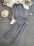 Suit Women's Korean Version Of Loose Knitted Hoodie Two Sets Of Leisure High-Rise Thin Straight Broad Leg