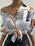 Casaul Retro Printed Long Sleeve Knotted
