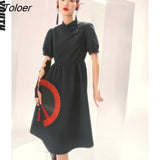 Women Dress 2022 Summer Short Sleeve Stand Collar A Line Solid Black Chinese Style Cheongsam Elegant Vintage