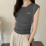 Sleeveless Knitted Embroidered Letter T-Shirt Women's Summer New Fold Waist Early Spring Dress Temperamental Vest-Outfit