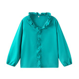 Spring And Summer New Solid Color Long-Sleeved Lotus Leaf-Side Shirt Women's