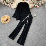 Casual Winter Loose Sweater Sets O Neck Tops+Drawstring Wide Leg Long Pants 2022 Women OL Solid Knit Two Pieces