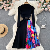 Print Patchwork Women Sweater Dress Half High Collar Rero Sashes Sheath Dress Winter Fashion Knitted A Line Long