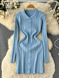 Autumn Striped Knitted Dress Women Lapel Button Sheath Warm Dress Ladies Fashion Solid Elastic Waist Sweater