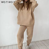 Thickened Fleece Hooded Sweatshirt and Pants Two Pieces Set Women Autumn Winter Warn Hoodies Casual Solid Sweatpants