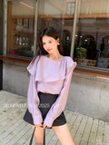 Xixi 2025 Autumn White Standard Korean Version Of Elegant Sky Silk Temperament Lotus Leaf Thin Chiffon Small Shirt