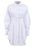 Pleated Womens Blue Dress Long Sleeve Spring Summer Bodycon Shirts Dress Office Ladies Turn Down Collar Mini