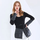 Elegant Patchwork Pocket PU Leather Sweater For Women O Neck Long Sleeve Lace Up Bowknot Slim Sweaters Female