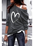 Women's Pullover Sweatshirt Heart Printed Long Sleeve One Shoulder Tops Autumn Winter Sweat Shirts Woman Casual