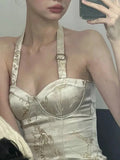 Style Chest Hanging Neck Fashionable Jacquard Blouse With Spicy Girl Design New Style In Spring And Summer 2024-Outfit