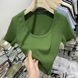 Desire Hot Girls Sexy U-Collar Collarbone Short Navel Chic Blouse Tight Elastic Short-Sleeved T-Shirt Women's Summer Ins Trend-Outfit