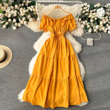 Dress Women's Dress Temperament Gentle Wind The Word Shoulder Bubble Sleeves Waist Shows Thin Fairy Dress Sweet Holiday Dress-Outfit