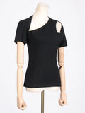 Toloer Spring Niche New Fashion Temperament Oblique Collar Head Hollow Design Sense Pure Color Short Women's T-Shirt-Outfit