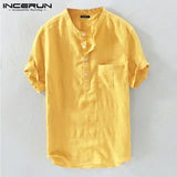 Men Shirts Stand Collar Solid Loose Cotton Blouse Short Sleeve Brand Shirts Retro Harajuku Camisas Hombre Summer