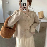 Xiaoxiangfeng Sweater Jacket Women's Wear 2024 Spring New Tassel Irregular Short Style Long-Sleeved Sweater-Outfit