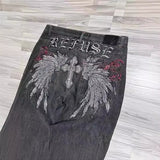 Jeans High Street Goth Vintage Casual Loose Printed Wide-Legged Trousers-Outfit