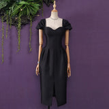 Elegant Dress For Women Slash Neck Puff Sleeve High Waist Solid Ruched Minimalist Midi Dresses Female Summer