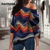 Women Blouses Off Shoulder Tops Striped Print Pullover Jumper Casual Knitted Top Long Sleeve Blouse Shirt Camiseta