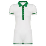Solid Playsuits Single-Breasted Short Sleeve Bodysuits Vintage Biker Overalls Women Turn Down Collar Jumpsuits
