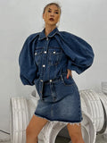 Denim Skirt Sets Female Lapel Puff Sleeve Loose Coats High Waist A Line Mini Skirts Solid Set Female Clothing