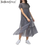 Summer Korean Splicing Pleated Tulle T shirt Dress Women Big Size Black Gray Color Clothes New Fashion