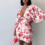 ArtsuWomen Sexy Deep V Neck Floral Print Dresses Long Lantern Sleeve Ruched Dress Elegant Female Bodycon Party Dress
